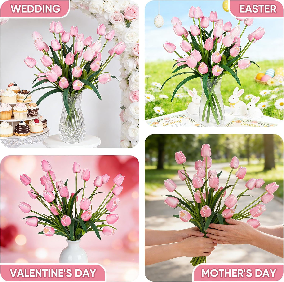 Homsunny 18.9 "Large Pink Simulation Tulip Artificial Flowers, 30-Pack. Perfect for Spring Weddings, Valentine's Day, Easter, Mother's Day, and Elegant Home and Table vase Arrangements.