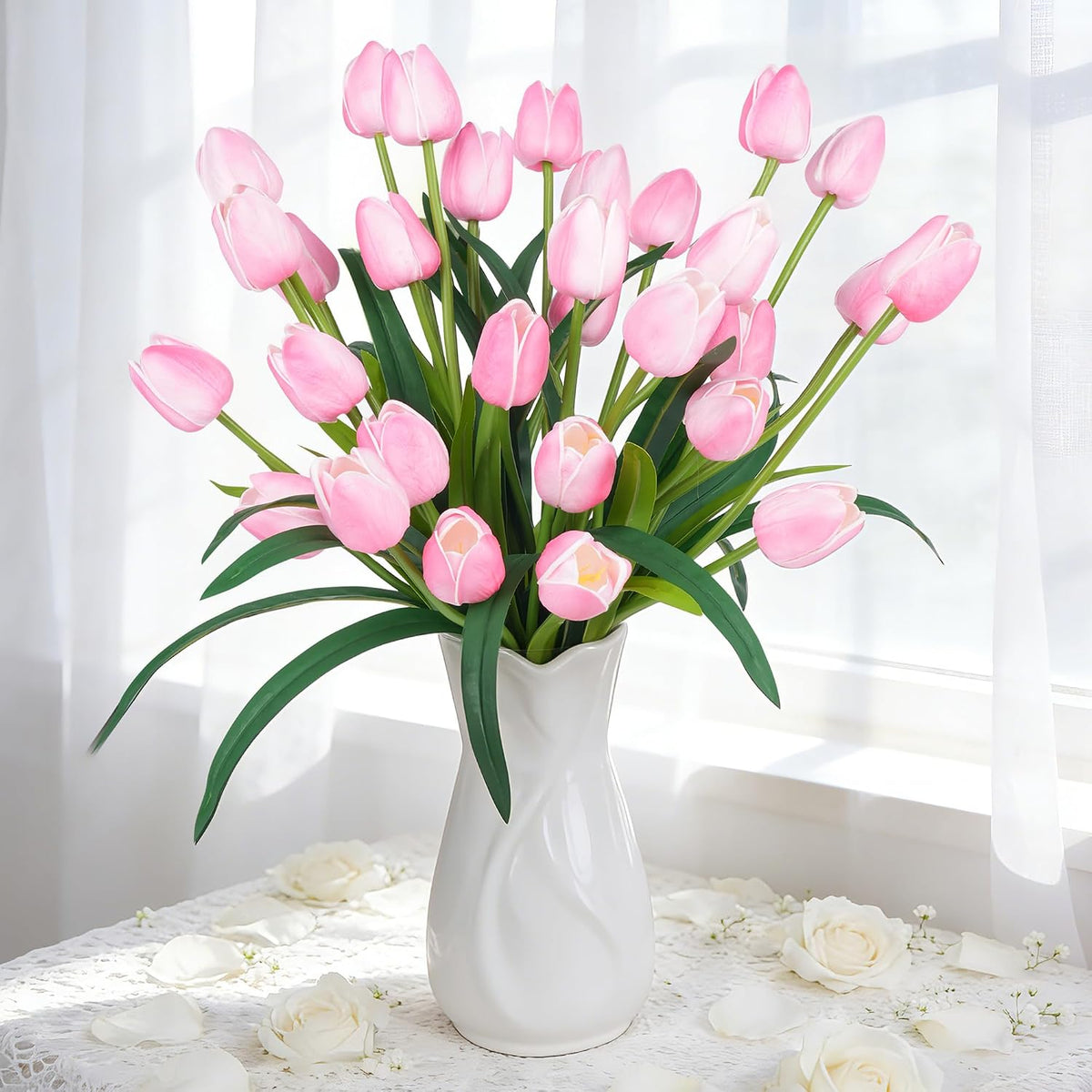 Homsunny 18.9 "Large Pink Simulation Tulip Artificial Flowers, 30-Pack. Perfect for Spring Weddings, Valentine's Day, Easter, Mother's Day, and Elegant Home and Table vase Arrangements.