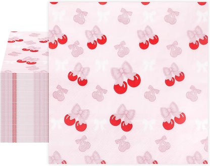 100 Pcs Pink Bow Cherry Napkins for Cherry Birthday Party Decorations, 6.5 x 6.5 Inch Disposable Guest Hand Towels Dinner Paper Napkins for Bachelorette Party Wedding Baby Shower Bridal Engagement