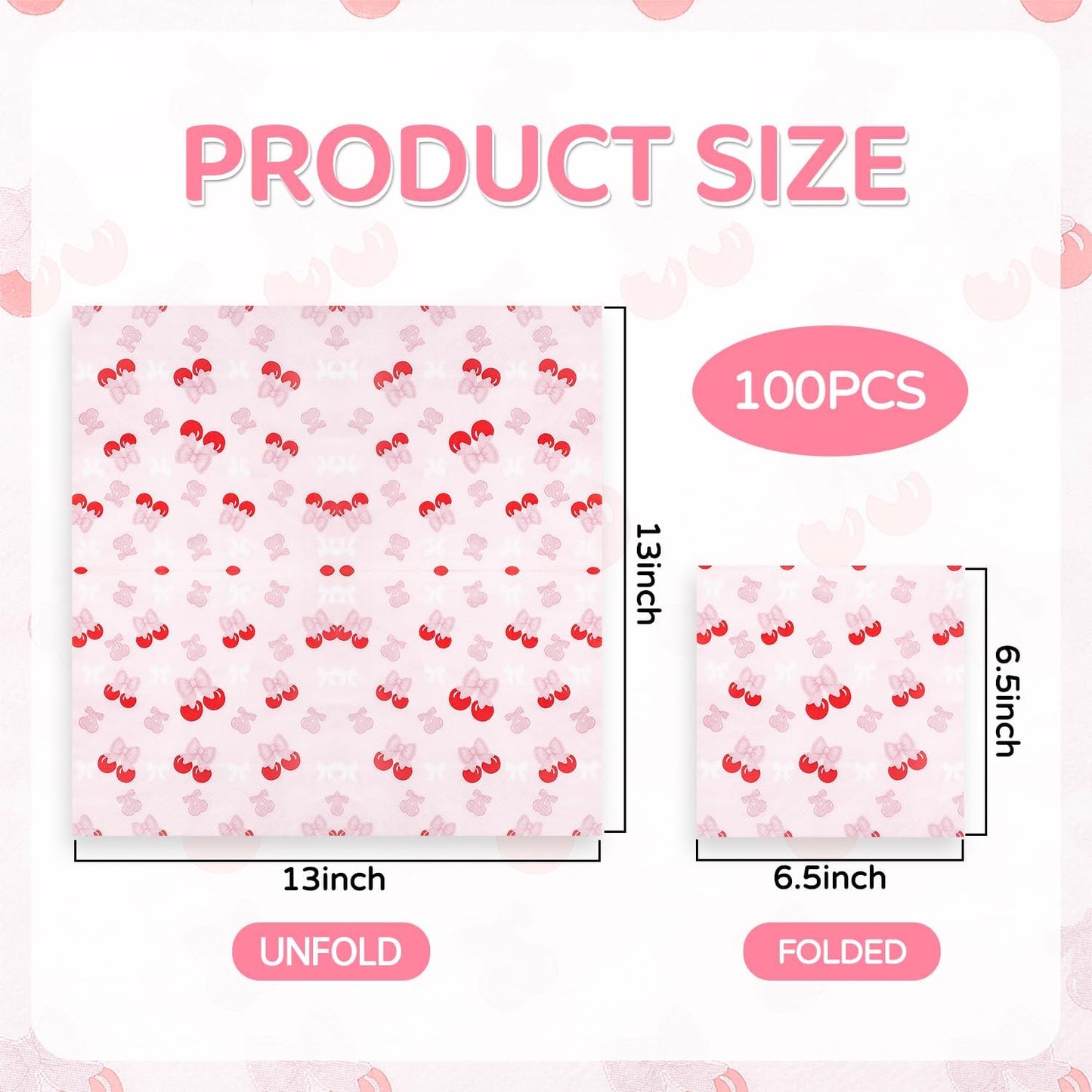 100 Pcs Pink Bow Cherry Napkins for Cherry Birthday Party Decorations, 6.5 x 6.5 Inch Disposable Guest Hand Towels Dinner Paper Napkins for Bachelorette Party Wedding Baby Shower Bridal Engagement
