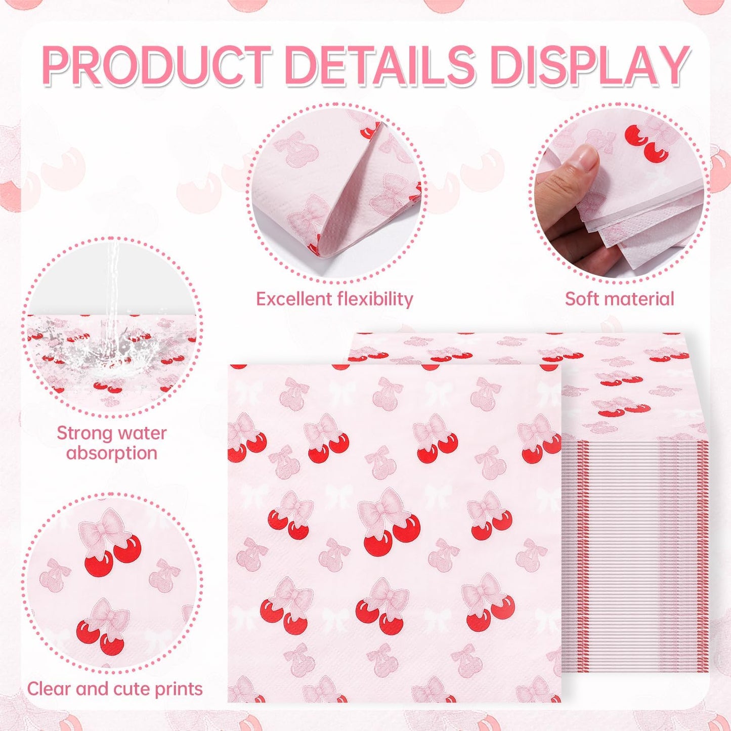 100 Pcs Pink Bow Cherry Napkins for Cherry Birthday Party Decorations, 6.5 x 6.5 Inch Disposable Guest Hand Towels Dinner Paper Napkins for Bachelorette Party Wedding Baby Shower Bridal Engagement