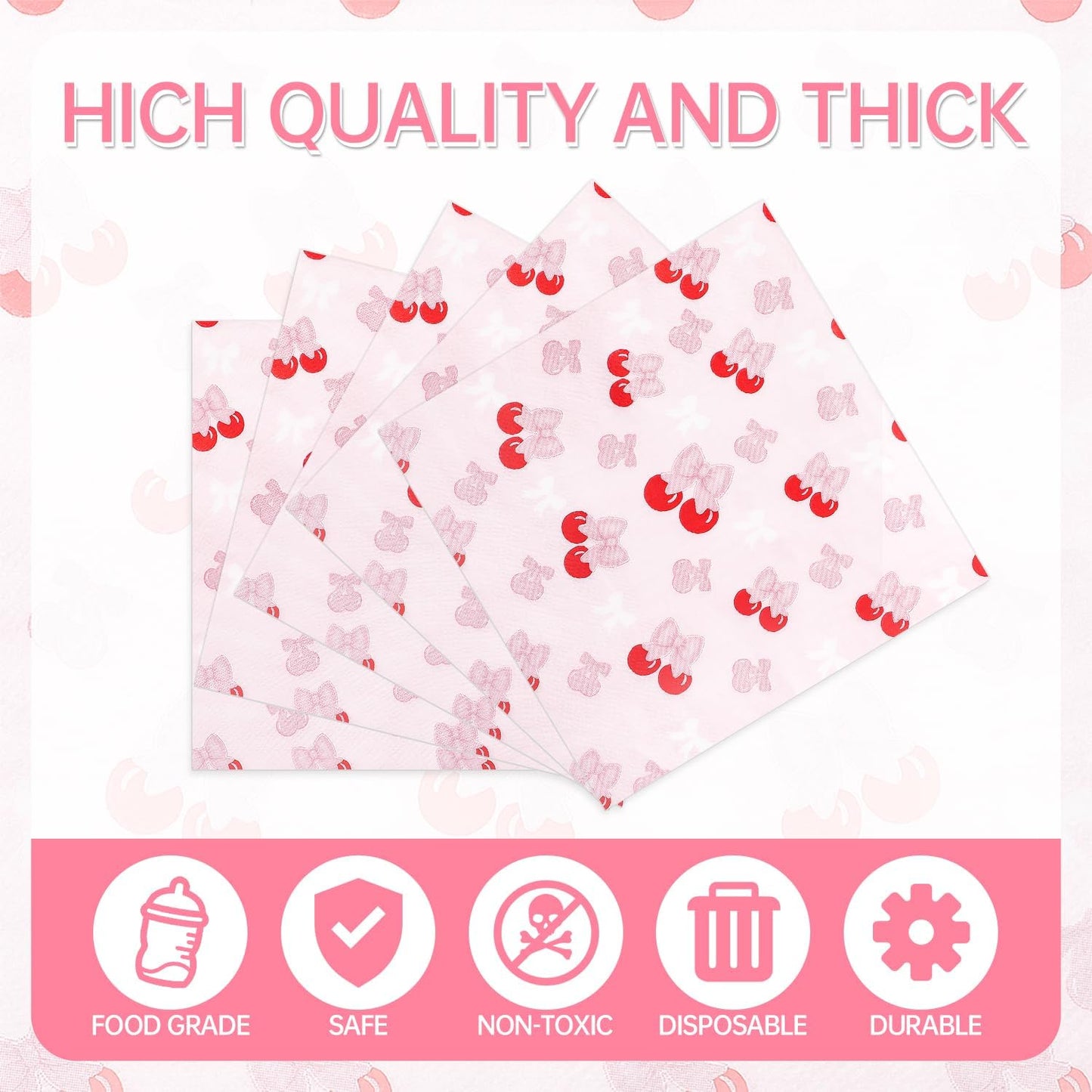 100 Pcs Pink Bow Cherry Napkins for Cherry Birthday Party Decorations, 6.5 x 6.5 Inch Disposable Guest Hand Towels Dinner Paper Napkins for Bachelorette Party Wedding Baby Shower Bridal Engagement