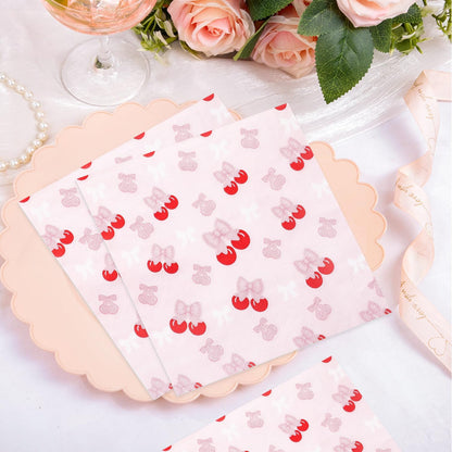100 Pcs Pink Bow Cherry Napkins for Cherry Birthday Party Decorations, 6.5 x 6.5 Inch Disposable Guest Hand Towels Dinner Paper Napkins for Bachelorette Party Wedding Baby Shower Bridal Engagement