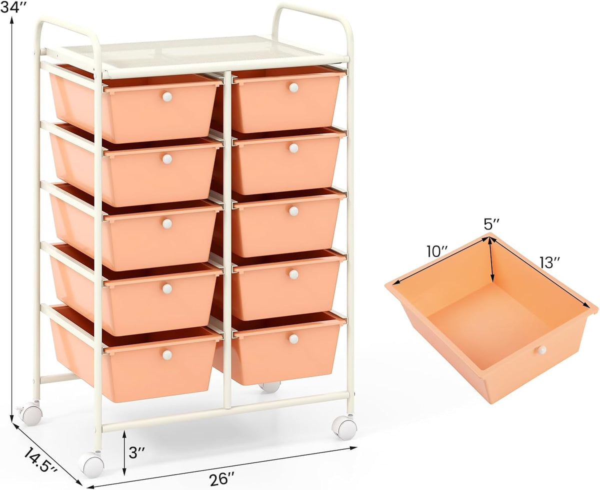 GLACER 10 Drawer Rolling Cart, Storage Cart with Lockable Whieels & Metal Frame, Trolley for Art Craft Oganizer, Mobile Utility Cart for Office, School, Classroom, Kitchen (Peach Fuzz)