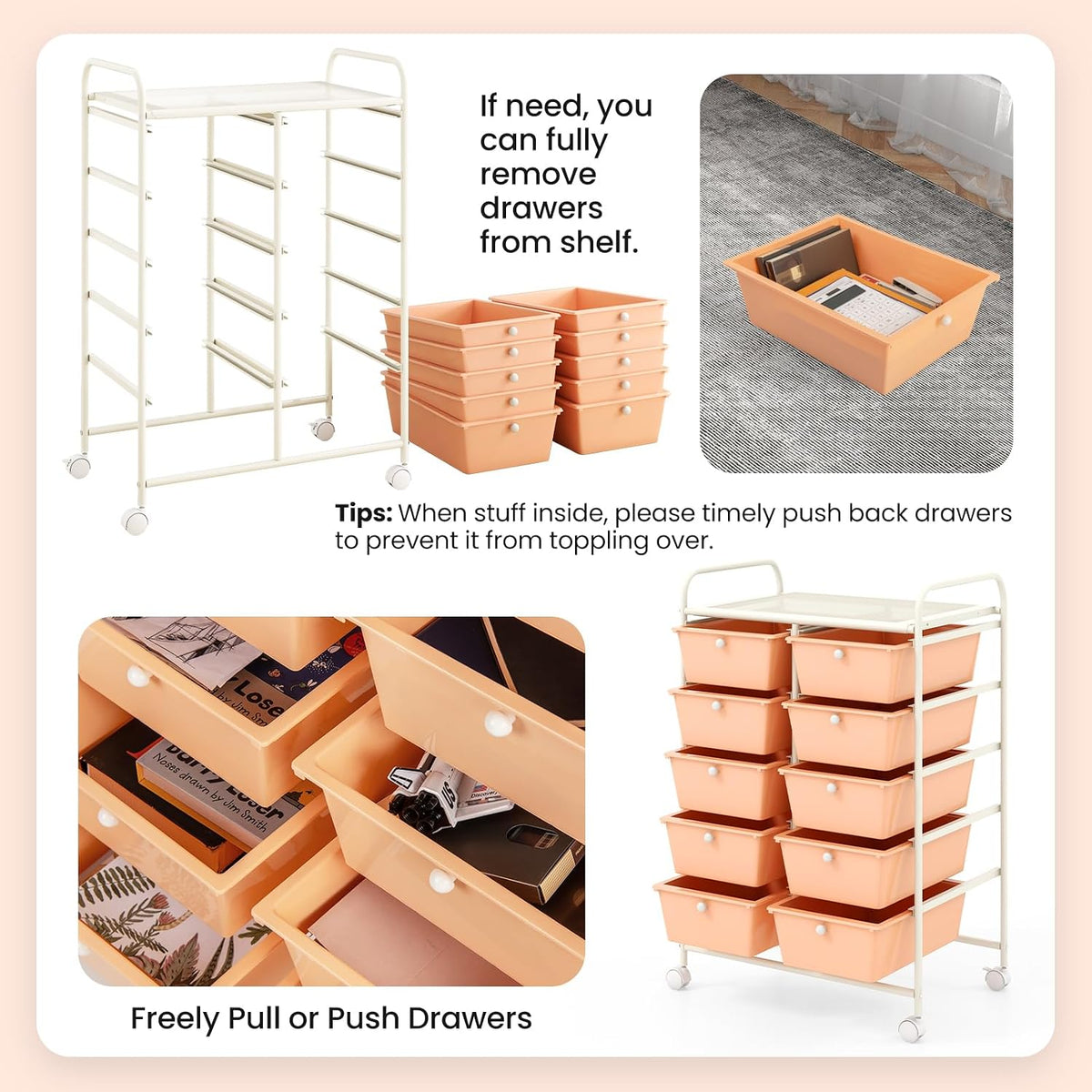 GLACER 10 Drawer Rolling Cart, Storage Cart with Lockable Whieels & Metal Frame, Trolley for Art Craft Oganizer, Mobile Utility Cart for Office, School, Classroom, Kitchen (Peach Fuzz)