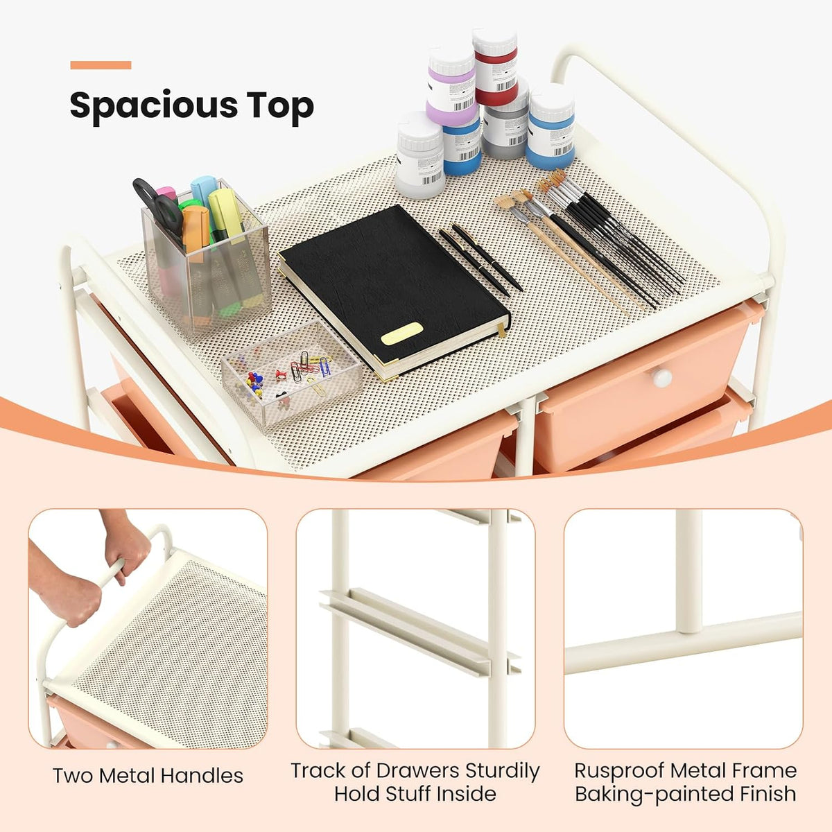 GLACER 10 Drawer Rolling Cart, Storage Cart with Lockable Whieels & Metal Frame, Trolley for Art Craft Oganizer, Mobile Utility Cart for Office, School, Classroom, Kitchen (Peach Fuzz)