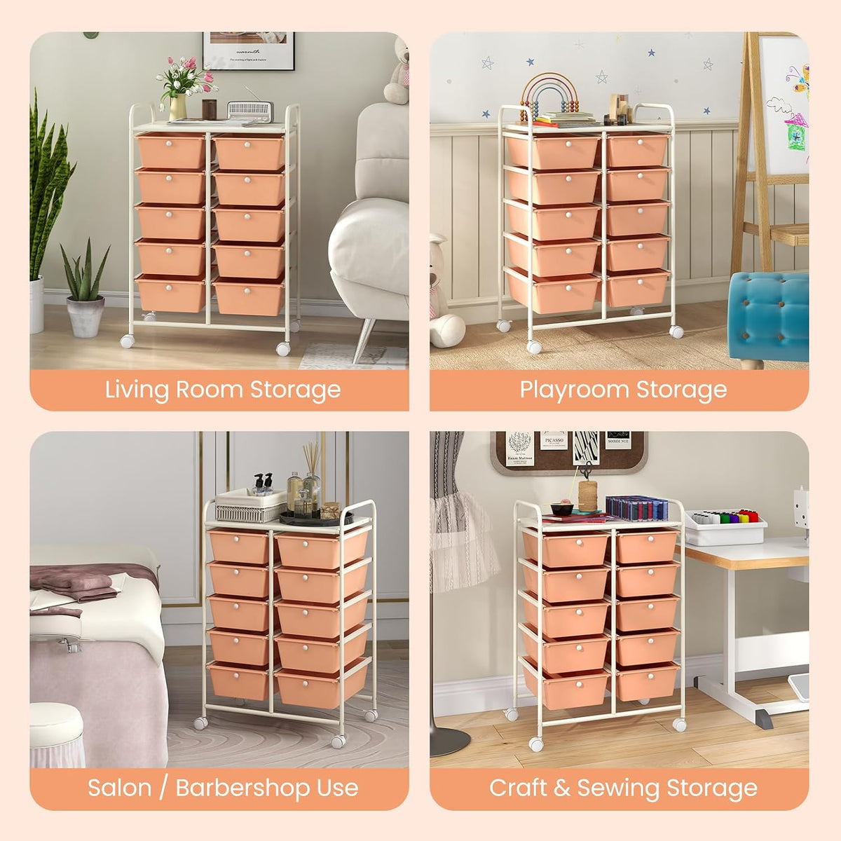 GLACER 10 Drawer Rolling Cart, Storage Cart with Lockable Whieels & Metal Frame, Trolley for Art Craft Oganizer, Mobile Utility Cart for Office, School, Classroom, Kitchen (Peach Fuzz)