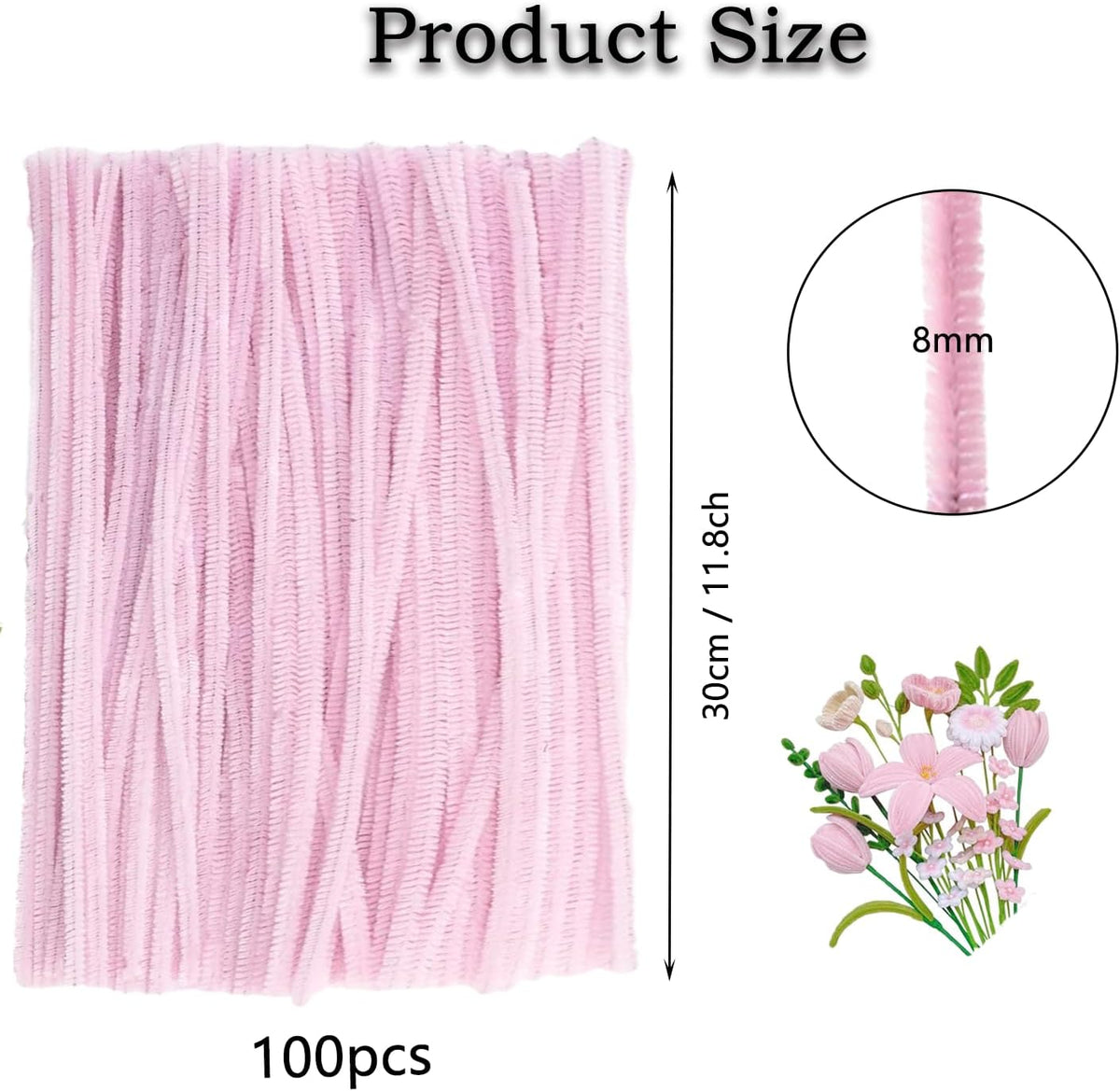 100 Pcs Light Pink Pipe Cleaners, 8mm Chenille Stems for DIY Craft