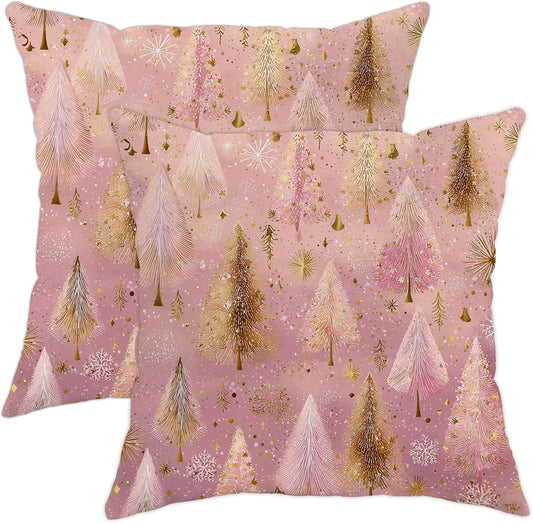 Christmas Trees Throw Pillow Covers Set of 2, Festive Fanciful Snowflakes Stars Xmas Peach Soft Velvet Washable Couch Pillow Covers for Living Room Bed Office Sofa Chair Decor 14x14 Inch
