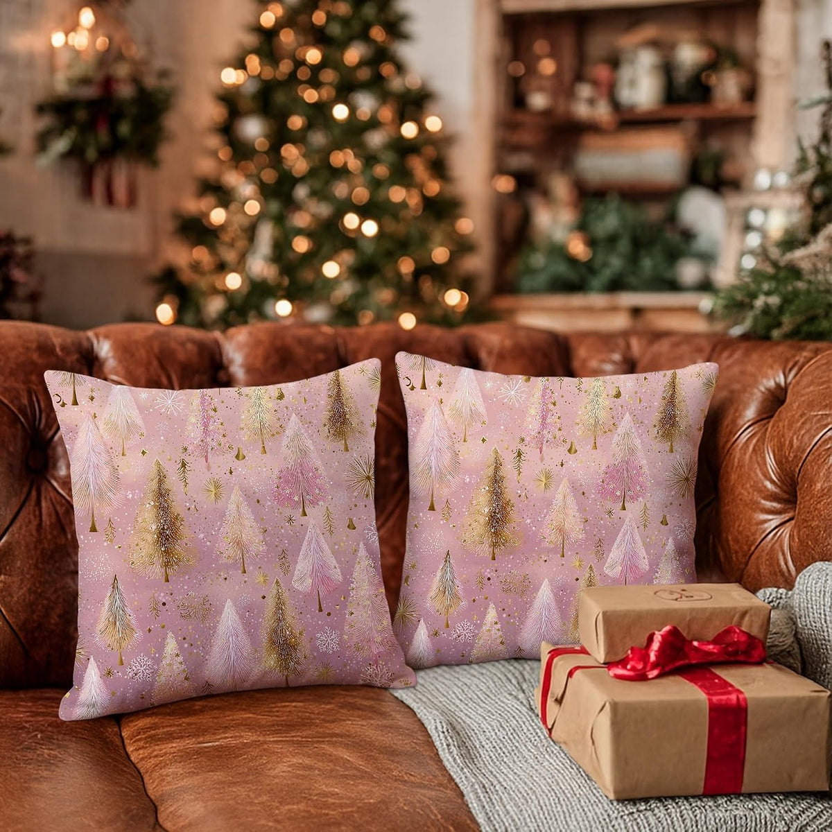 Christmas Trees Throw Pillow Covers Set of 2, Festive Fanciful Snowflakes Stars Xmas Peach Soft Velvet Washable Couch Pillow Covers for Living Room Bed Office Sofa Chair Decor 14x14 Inch