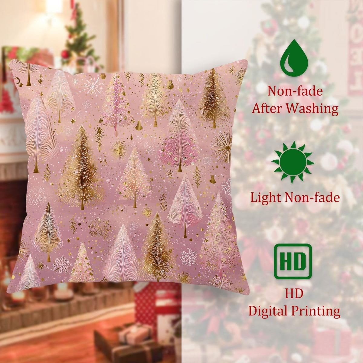 Christmas Trees Throw Pillow Covers Set of 2, Festive Fanciful Snowflakes Stars Xmas Peach Soft Velvet Washable Couch Pillow Covers for Living Room Bed Office Sofa Chair Decor 14x14 Inch
