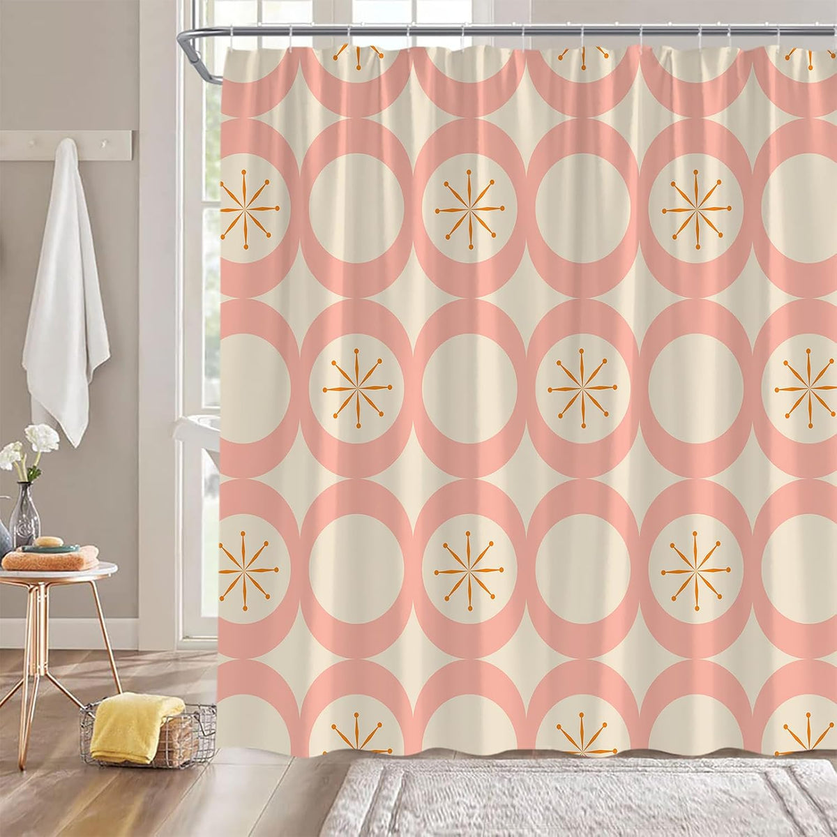 Mid Century Shower Curtain Modern Abstract Atomic Round Squares Retro 50s Geometric Bathroom Decor Polyester Curtains with Hooks