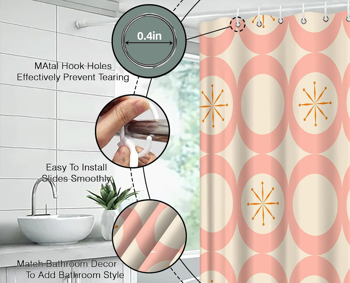 Mid Century Shower Curtain Modern Abstract Atomic Round Squares Retro 50s Geometric Bathroom Decor Polyester Curtains with Hooks