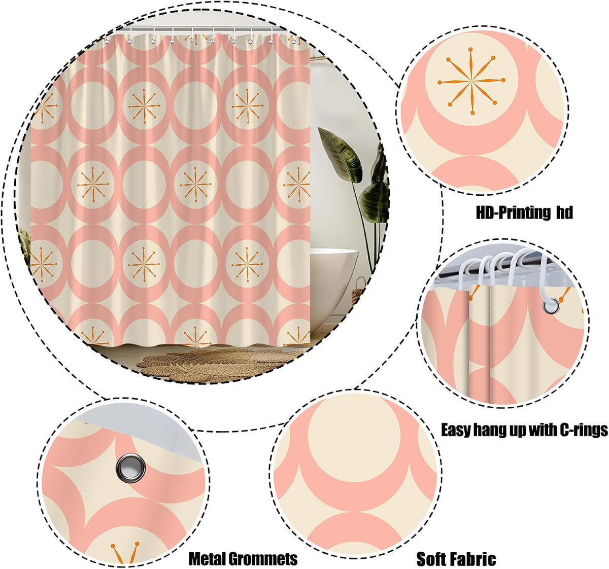 Mid Century Shower Curtain Modern Abstract Atomic Round Squares Retro 50s Geometric Bathroom Decor Polyester Curtains with Hooks