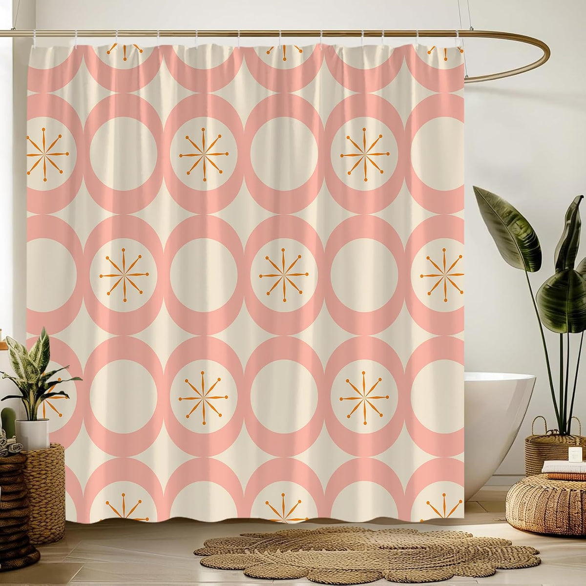 Mid Century Shower Curtain Modern Abstract Atomic Round Squares Retro 50s Geometric Bathroom Decor Polyester Curtains with Hooks