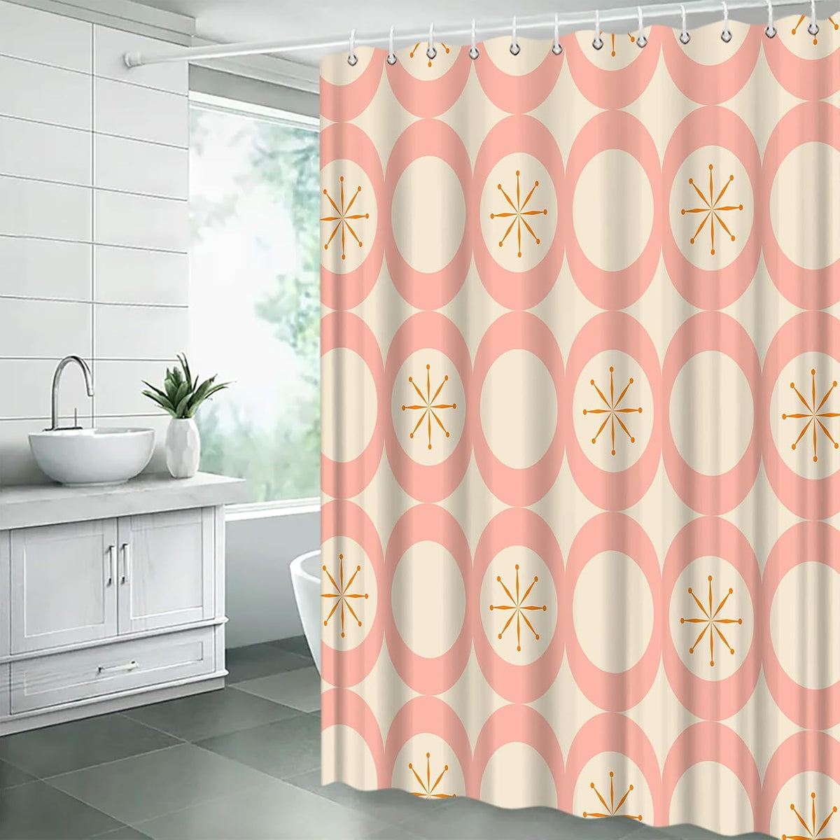 Mid Century Shower Curtain Modern Abstract Atomic Round Squares Retro 50s Geometric Bathroom Decor Polyester Curtains with Hooks
