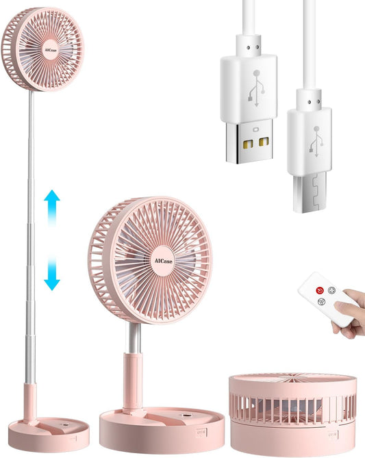 Stand Fan,Folding Portable Telescopic Floor/USB Desk Fan with 7200mAh Rechargeable Battery,4 Speeds Super Quiet Adjustable Height and Head Great for Office Home Outdoor Camping-pink
