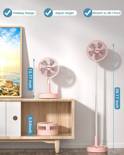 Stand Fan,Folding Portable Telescopic Floor/USB Desk Fan with 7200mAh Rechargeable Battery,4 Speeds Super Quiet Adjustable Height and Head Great for Office Home Outdoor Camping-pink