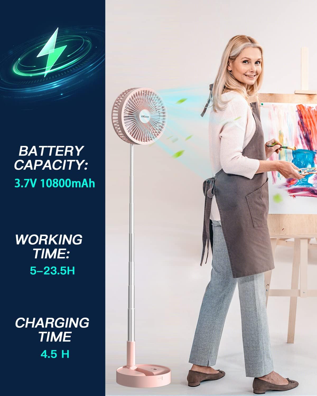 Stand Fan,Folding Portable Telescopic Floor/USB Desk Fan with 7200mAh Rechargeable Battery,4 Speeds Super Quiet Adjustable Height and Head Great for Office Home Outdoor Camping-pink