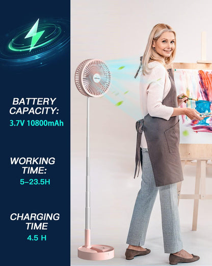 Stand Fan,Folding Portable Telescopic Floor/USB Desk Fan with 7200mAh Rechargeable Battery,4 Speeds Super Quiet Adjustable Height and Head Great for Office Home Outdoor Camping-pink