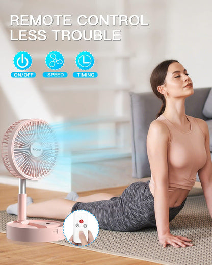 Stand Fan,Folding Portable Telescopic Floor/USB Desk Fan with 7200mAh Rechargeable Battery,4 Speeds Super Quiet Adjustable Height and Head Great for Office Home Outdoor Camping-pink