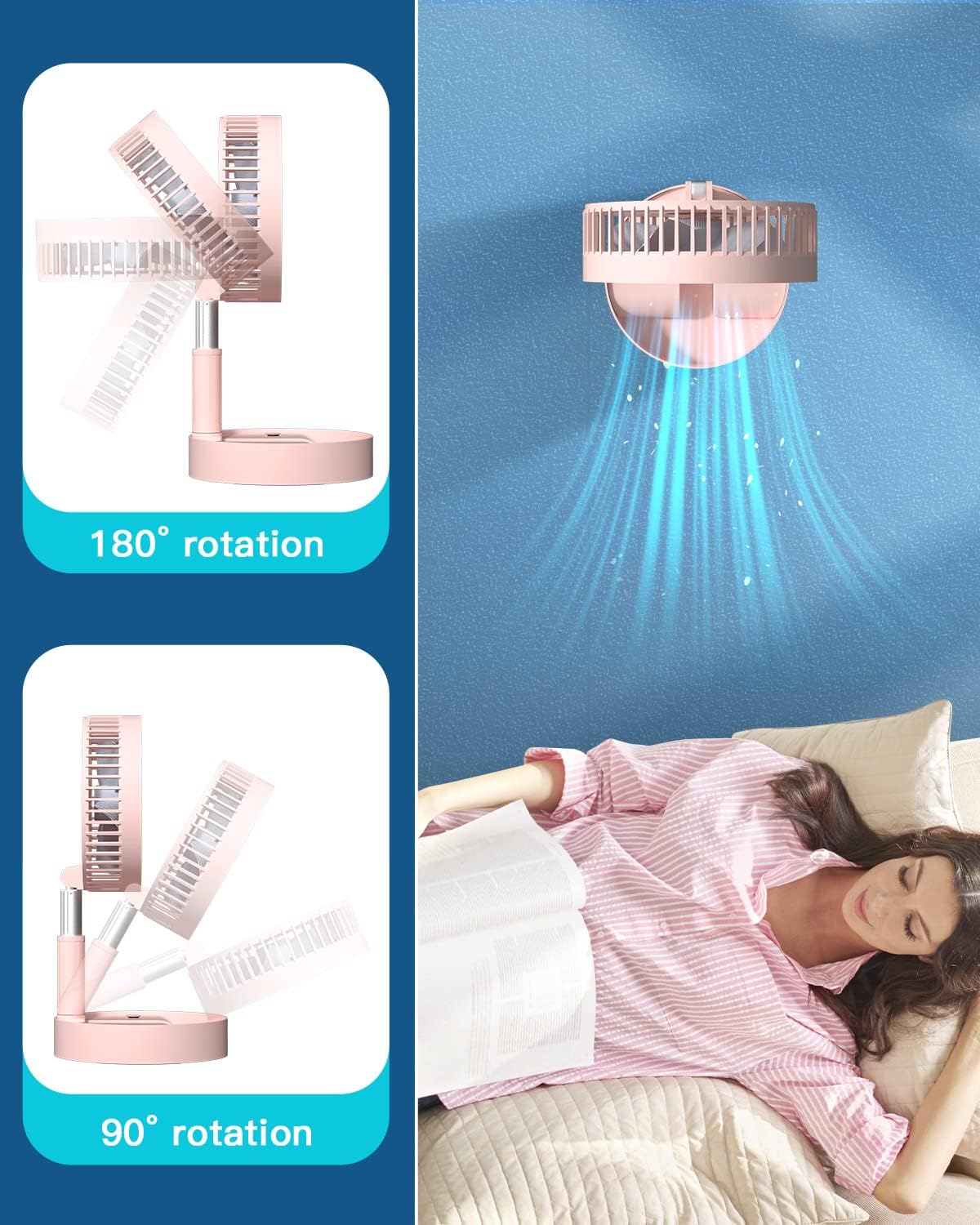 Stand Fan,Folding Portable Telescopic Floor/USB Desk Fan with 7200mAh Rechargeable Battery,4 Speeds Super Quiet Adjustable Height and Head Great for Office Home Outdoor Camping-pink