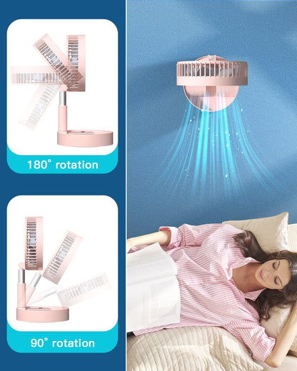 Stand Fan,Folding Portable Telescopic Floor/USB Desk Fan with 7200mAh Rechargeable Battery,4 Speeds Super Quiet Adjustable Height and Head Great for Office Home Outdoor Camping-pink