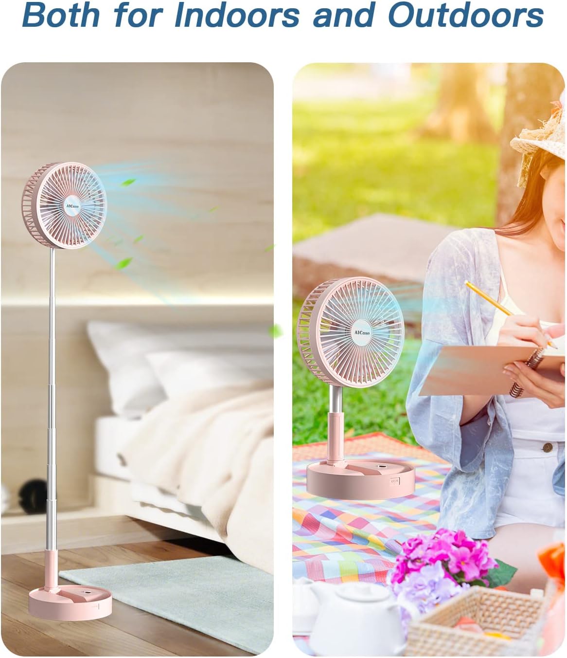 Stand Fan,Folding Portable Telescopic Floor/USB Desk Fan with 7200mAh Rechargeable Battery,4 Speeds Super Quiet Adjustable Height and Head Great for Office Home Outdoor Camping-pink