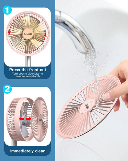 Stand Fan,Folding Portable Telescopic Floor/USB Desk Fan with 7200mAh Rechargeable Battery,4 Speeds Super Quiet Adjustable Height and Head Great for Office Home Outdoor Camping-pink