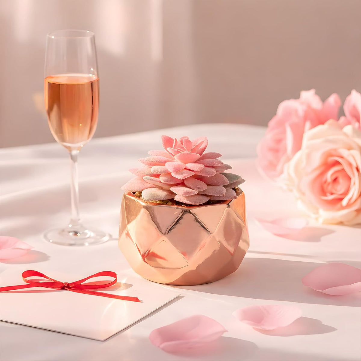 Tiita Mini Rose Gold Artificial Succulents in Pots for Desk and Shelf Decor