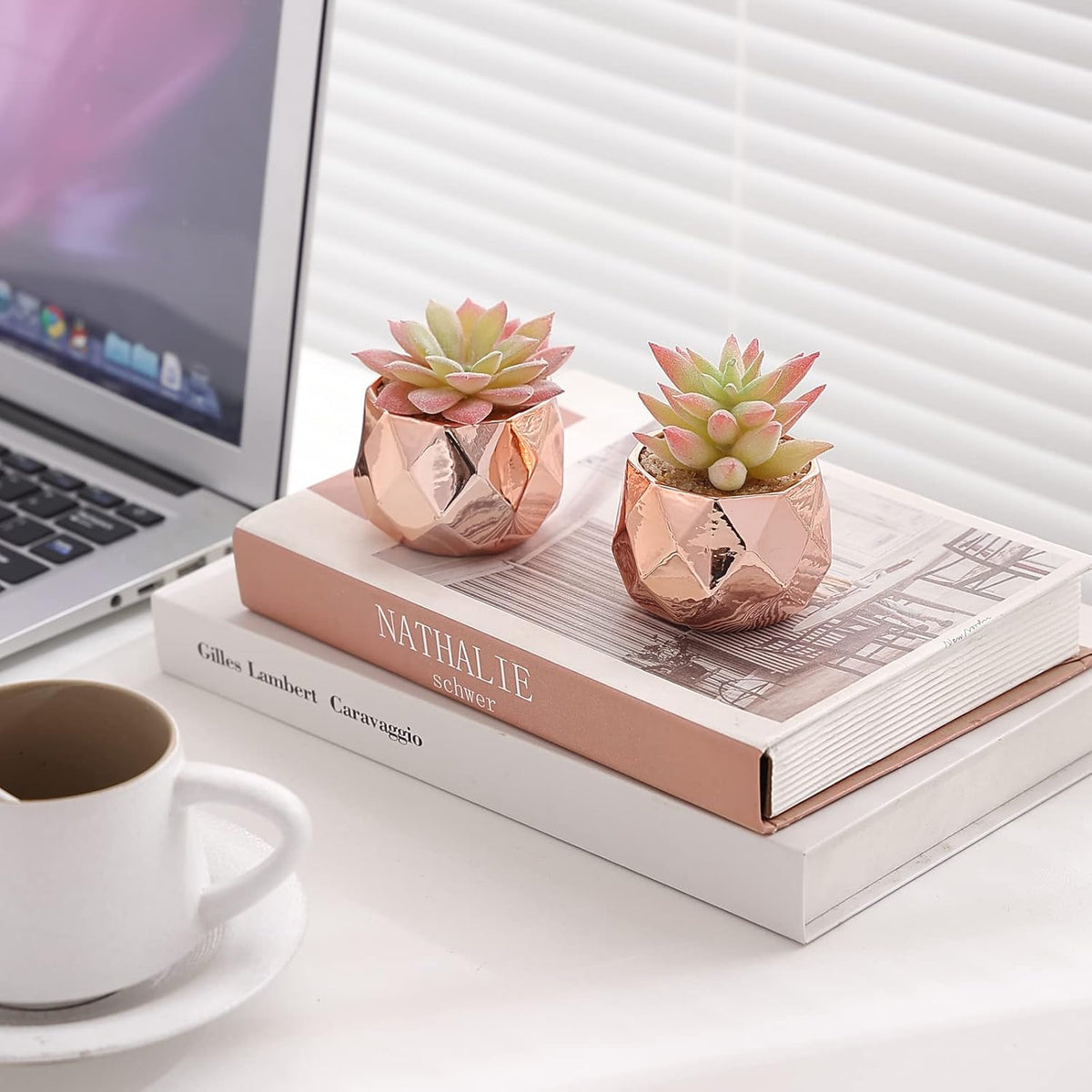 Tiita Mini Rose Gold Artificial Succulents in Pots for Desk and Shelf Decor