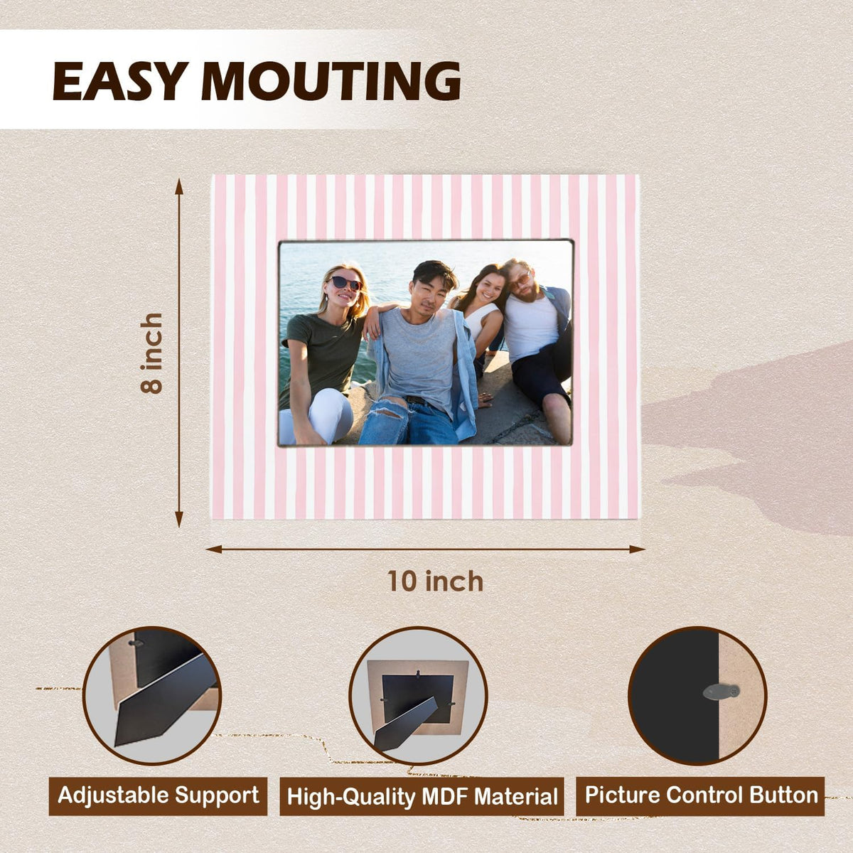 Pink and White Striped Picture Frame 5x7, Wedding Engagement Gifts for Newlyweds Couple Bride Groom Husband Wife, Minimalist Pink Photo Picture Frames for Desk Tabletop Wall Display Decorations