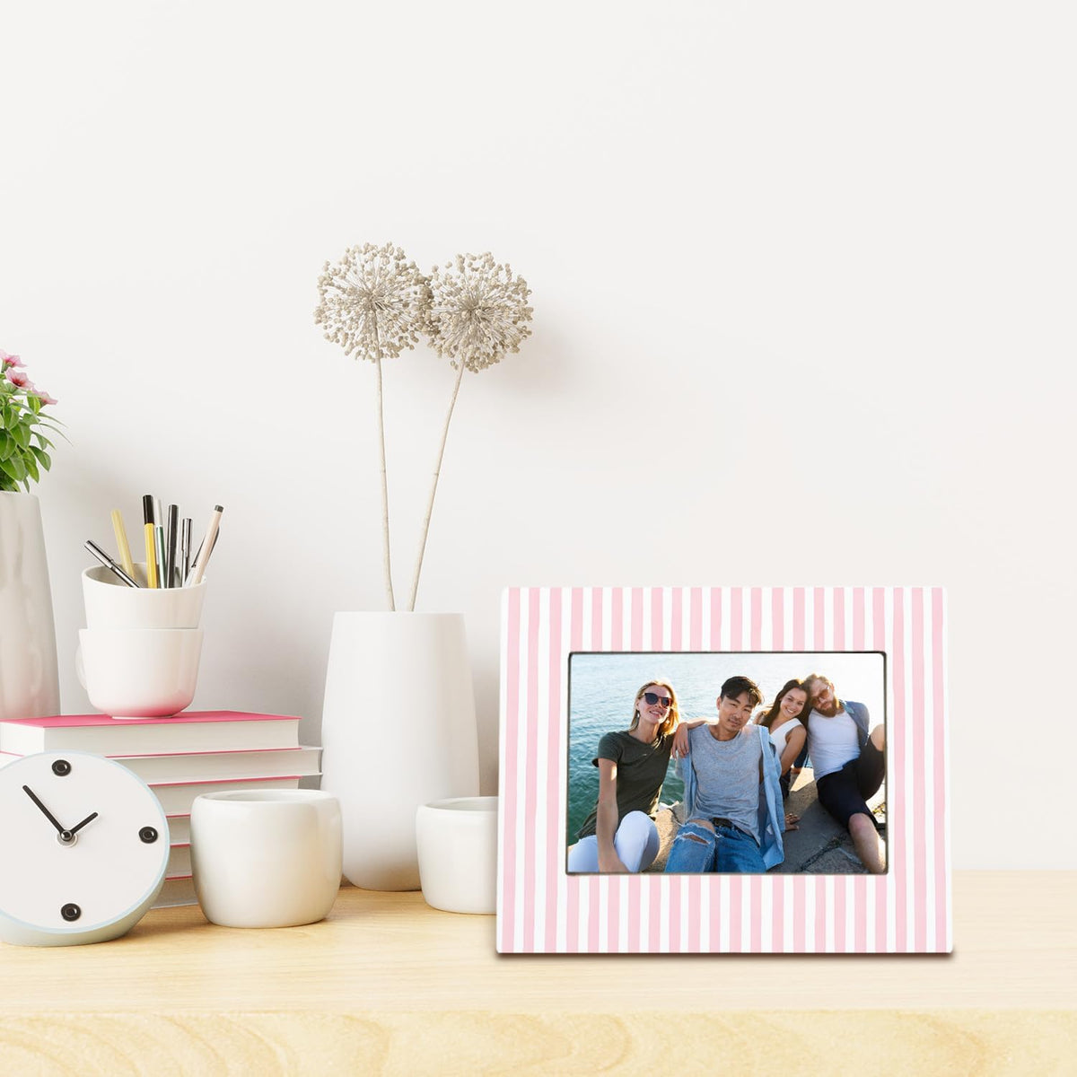 Pink and White Striped Picture Frame 5x7, Wedding Engagement Gifts for Newlyweds Couple Bride Groom Husband Wife, Minimalist Pink Photo Picture Frames for Desk Tabletop Wall Display Decorations
