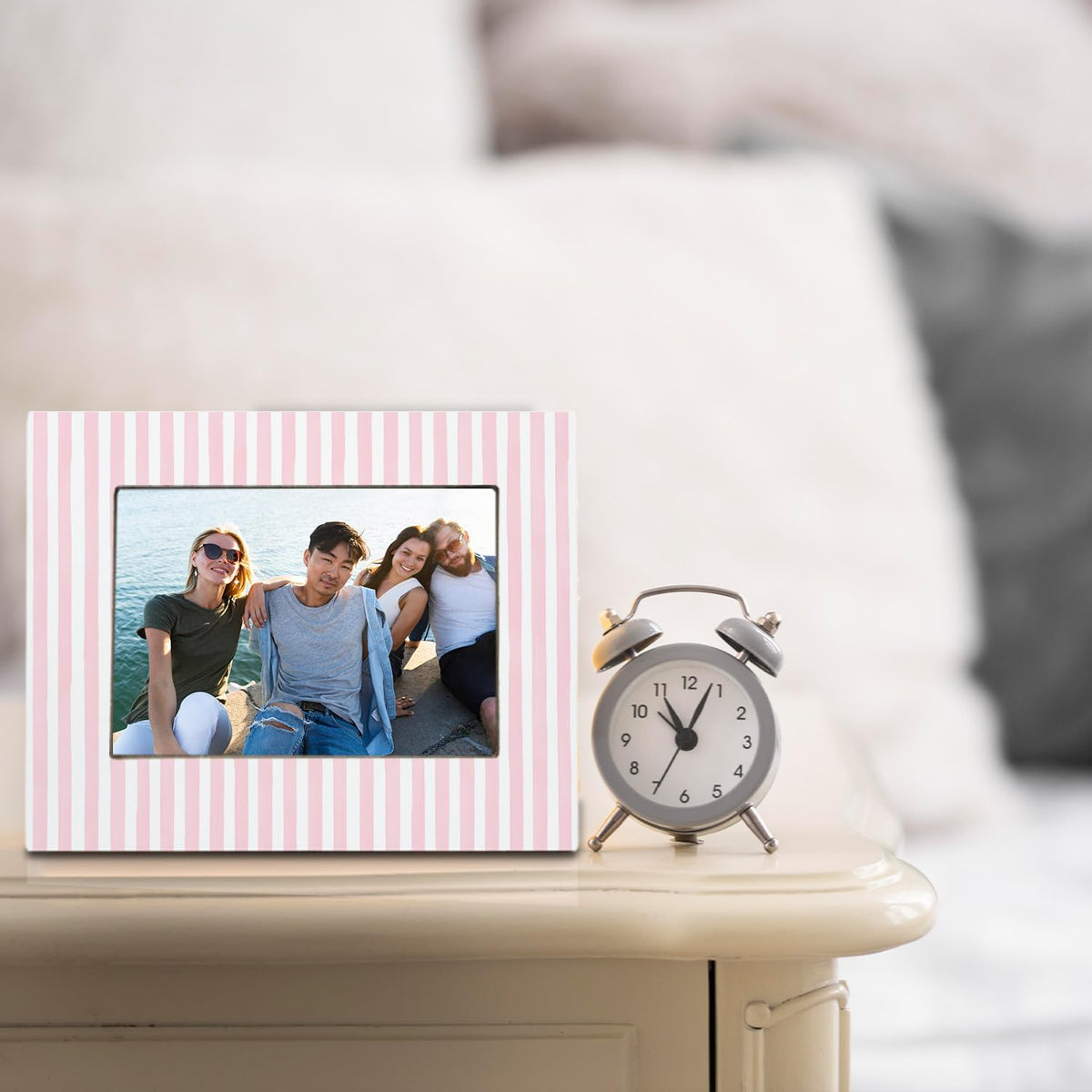 Pink and White Striped Picture Frame 5x7, Wedding Engagement Gifts for Newlyweds Couple Bride Groom Husband Wife, Minimalist Pink Photo Picture Frames for Desk Tabletop Wall Display Decorations