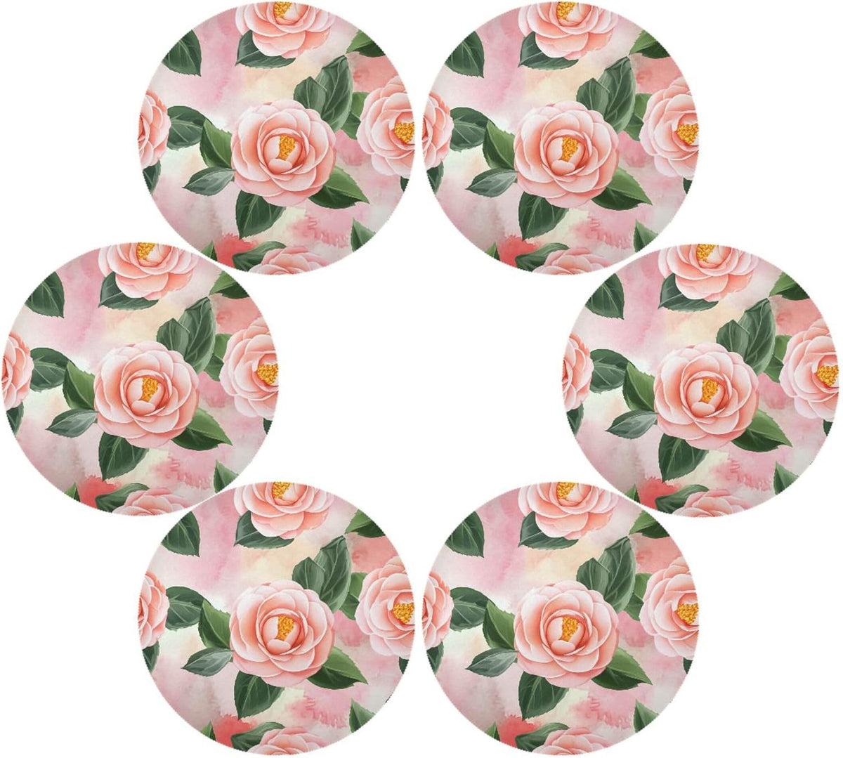 Round Placemats Set of 6 Peach-Pink Camellia Washable Non-Slip Heat Resistant Place Mats, 15.4” Dining Table Place Mats for Kitchen Holiday Party Decoration