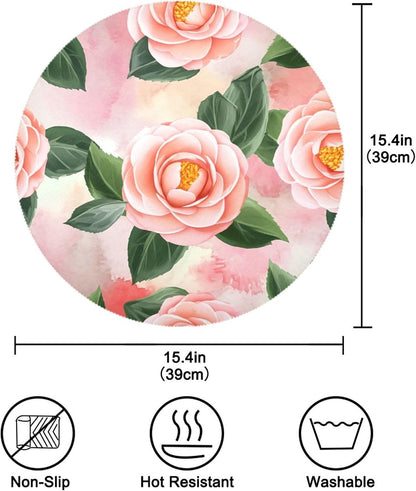 Round Placemats Set of 6 Peach-Pink Camellia Washable Non-Slip Heat Resistant Place Mats, 15.4” Dining Table Place Mats for Kitchen Holiday Party Decoration