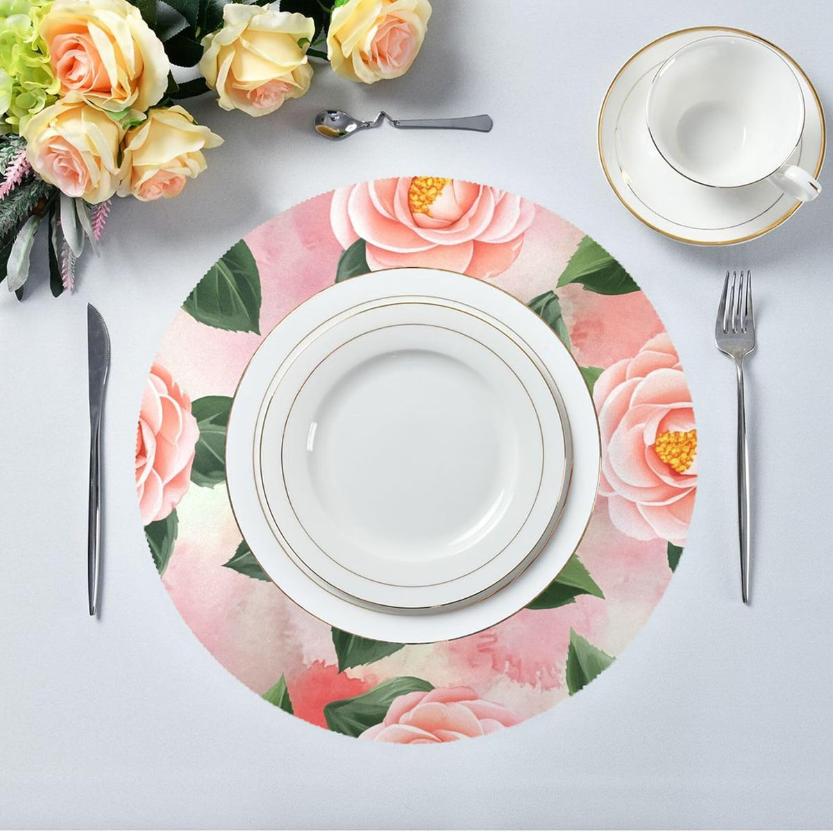 Round Placemats Set of 6 Peach-Pink Camellia Washable Non-Slip Heat Resistant Place Mats, 15.4” Dining Table Place Mats for Kitchen Holiday Party Decoration