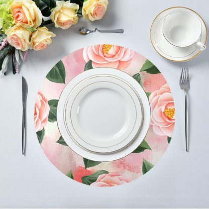 Round Placemats Set of 6 Peach-Pink Camellia Washable Non-Slip Heat Resistant Place Mats, 15.4” Dining Table Place Mats for Kitchen Holiday Party Decoration
