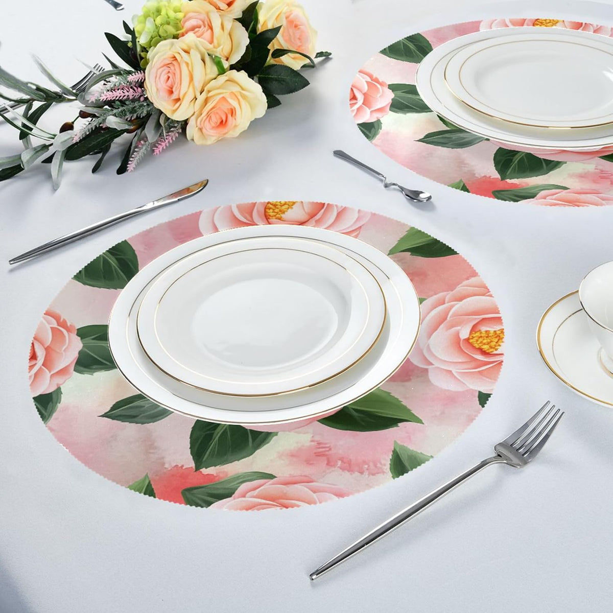 Round Placemats Set of 6 Peach-Pink Camellia Washable Non-Slip Heat Resistant Place Mats, 15.4” Dining Table Place Mats for Kitchen Holiday Party Decoration