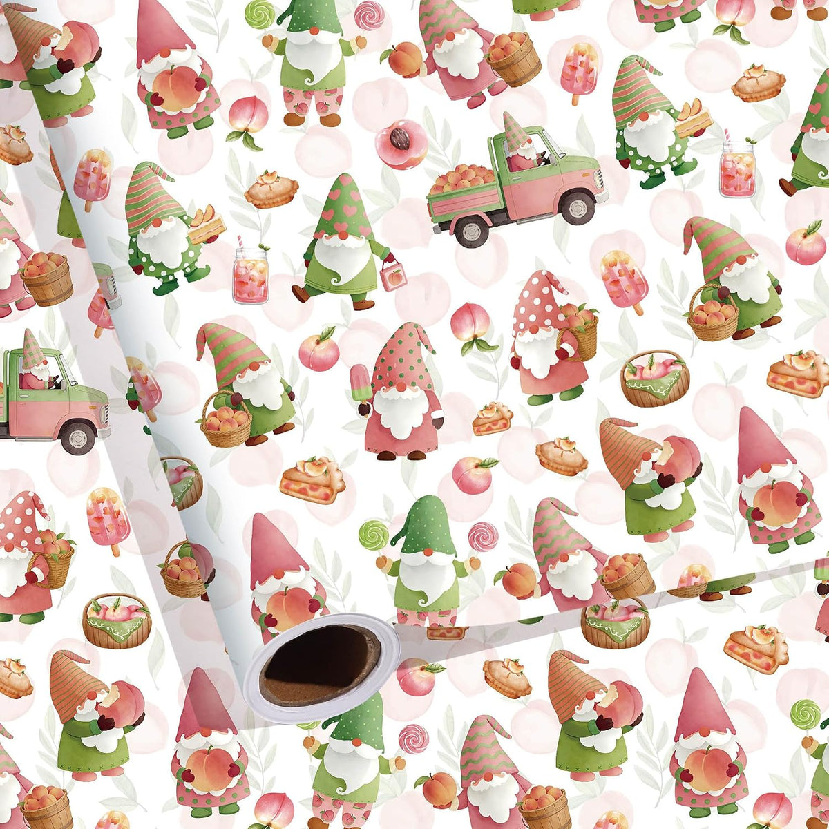 Peach Gnome Wrapping Paper Roll, Sweet Summer Fruit Gift Wrap
