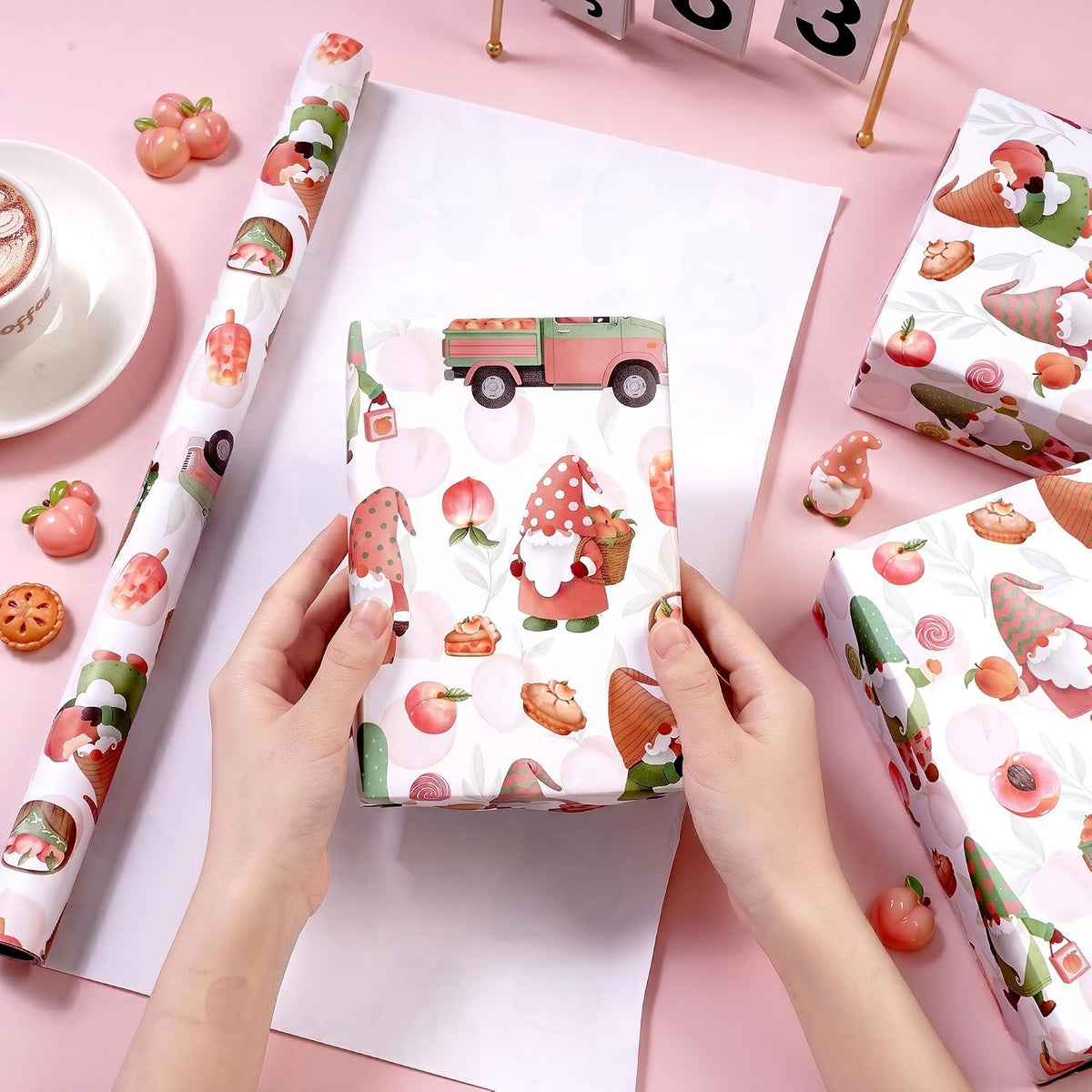 Peach Gnome Wrapping Paper Roll, Sweet Summer Fruit Gift Wrap