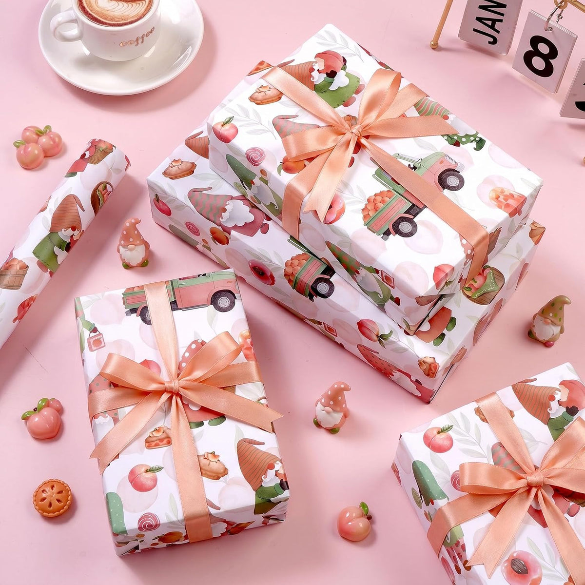 Peach Gnome Wrapping Paper Roll, Sweet Summer Fruit Gift Wrap