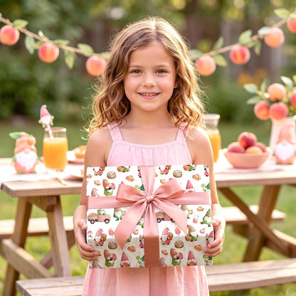 Peach Gnome Wrapping Paper Roll, Sweet Summer Fruit Gift Wrap