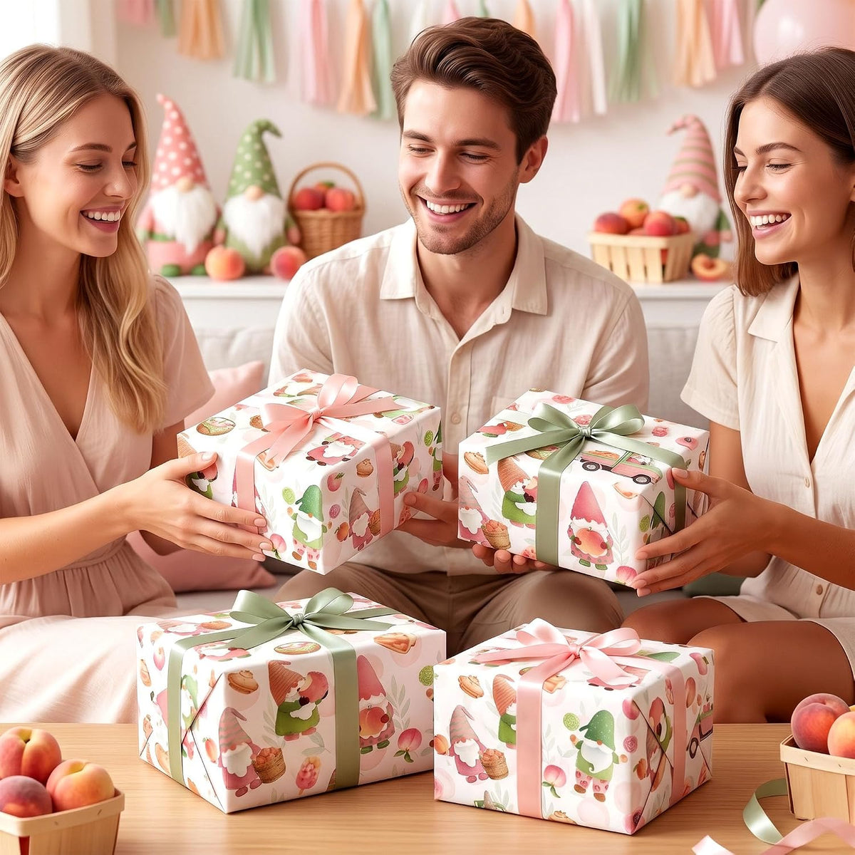 Peach Gnome Wrapping Paper Roll, Sweet Summer Fruit Gift Wrap