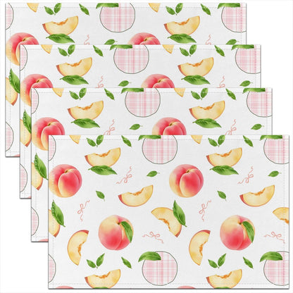 Pink Peach Placemats Set of 4,Bowknot Leaves Fruit Table Place Mats for Kids Boys Girls,Food Theme Placemat Peachy Grid for Kitchen Dining Table Decoration 12"x18"