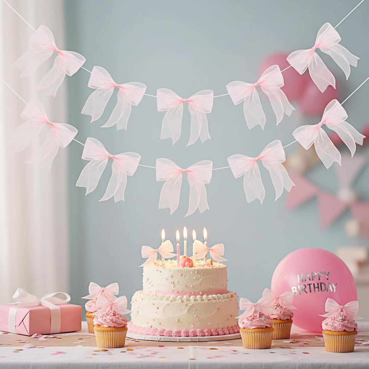 12Pcs Pink Bow Garland, Tulle Bow Garland Pink Bowknot Banner