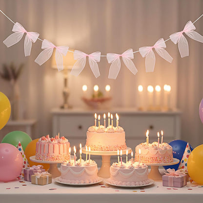 12Pcs Pink Bow Garland, Tulle Bow Garland Pink Bowknot Banner