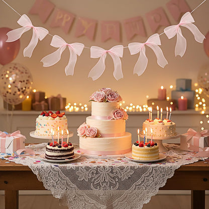 12Pcs Pink Bow Garland, Tulle Bow Garland Pink Bowknot Banner