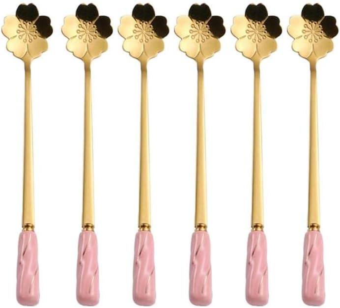 Stirring Spoon Iced Tea Coffee Spoon Stainless Steel Teaspoons Mixing Pink Gold - Set of 6 Delicate Ceramic Handle Cherry Blossoms Shape
