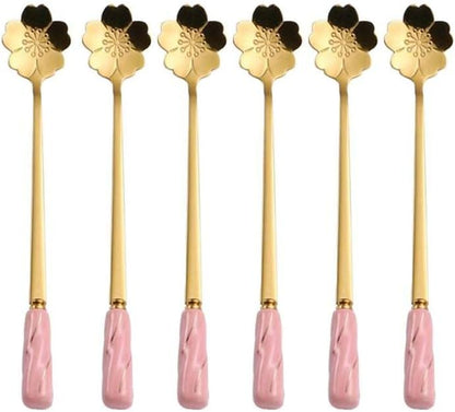 Stirring Spoon Iced Tea Coffee Spoon Stainless Steel Teaspoons Mixing Pink Gold - Set of 6 Delicate Ceramic Handle Cherry Blossoms Shape